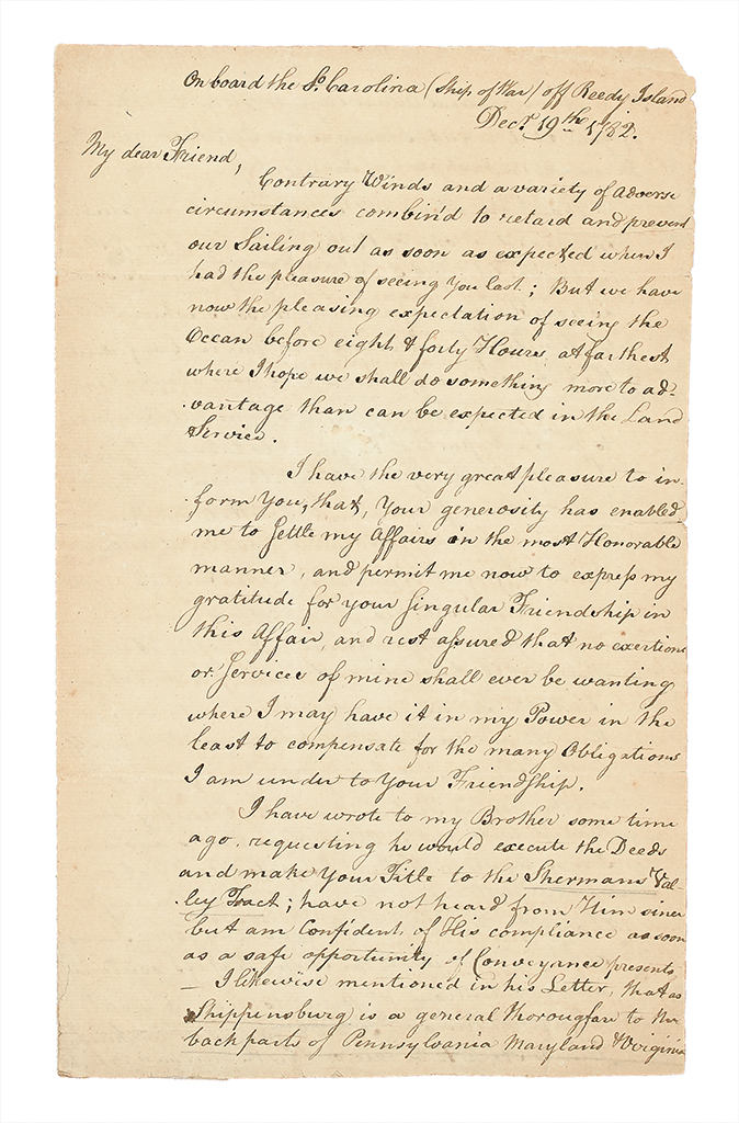 (AMERICAN REVOLUTION--1782.) Henderson, John. Letter written aboard the privateer South Carolina on the day before her capture.